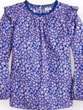 J. CREW Floral Blouse SIZE LARGE Blue Pink 100% Cotton India Boho Peasant Top...